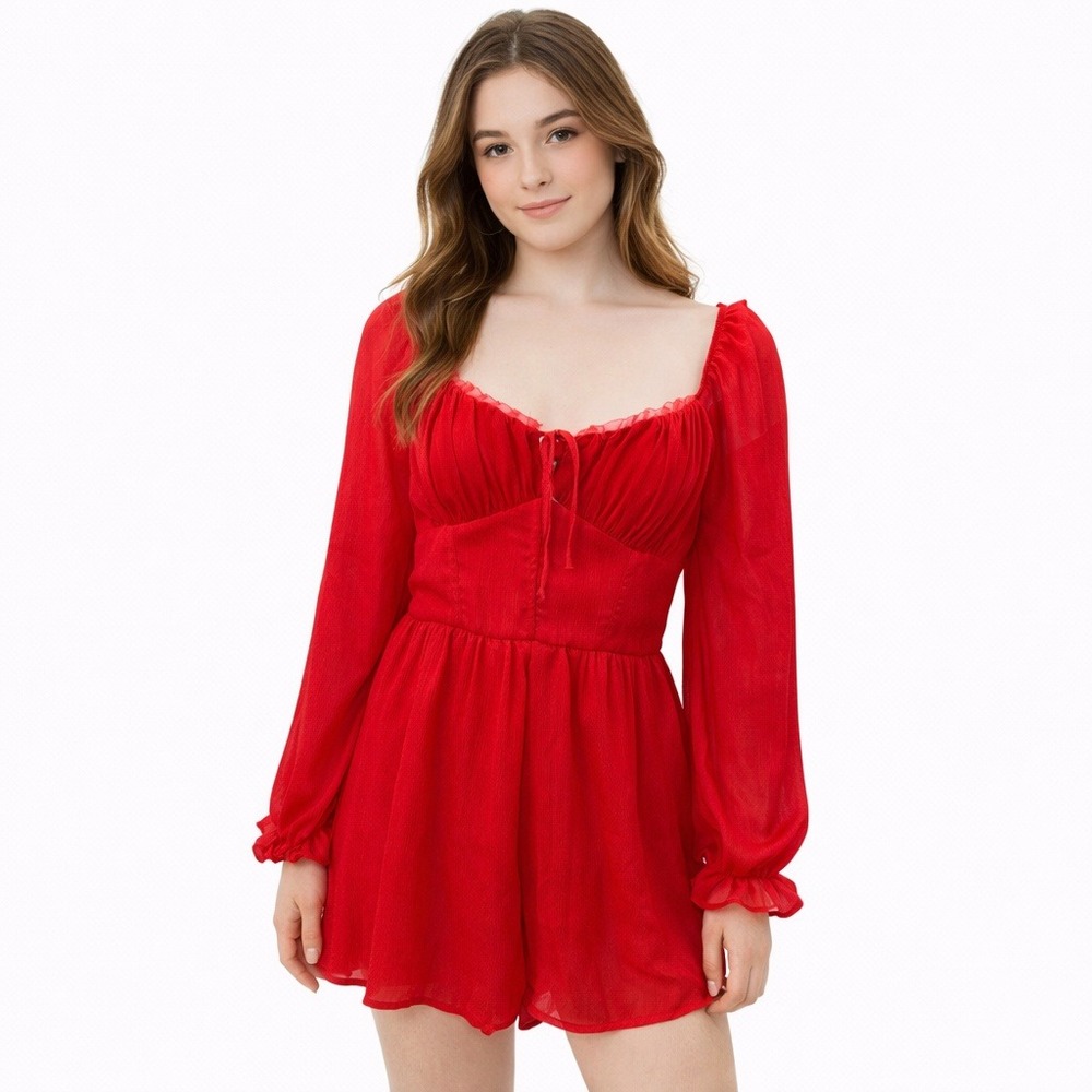 Francesca's Red Corset Style Long Sleeve Romper Sweetheart Neckline Size Medium
